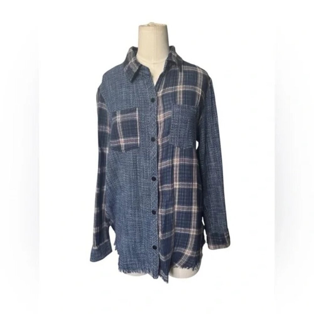 ANTHROPOLOGIE Artisan De Luxe Women L Button Shirt Flannel Plaid Mix Split Multi - Picture 2 of 7